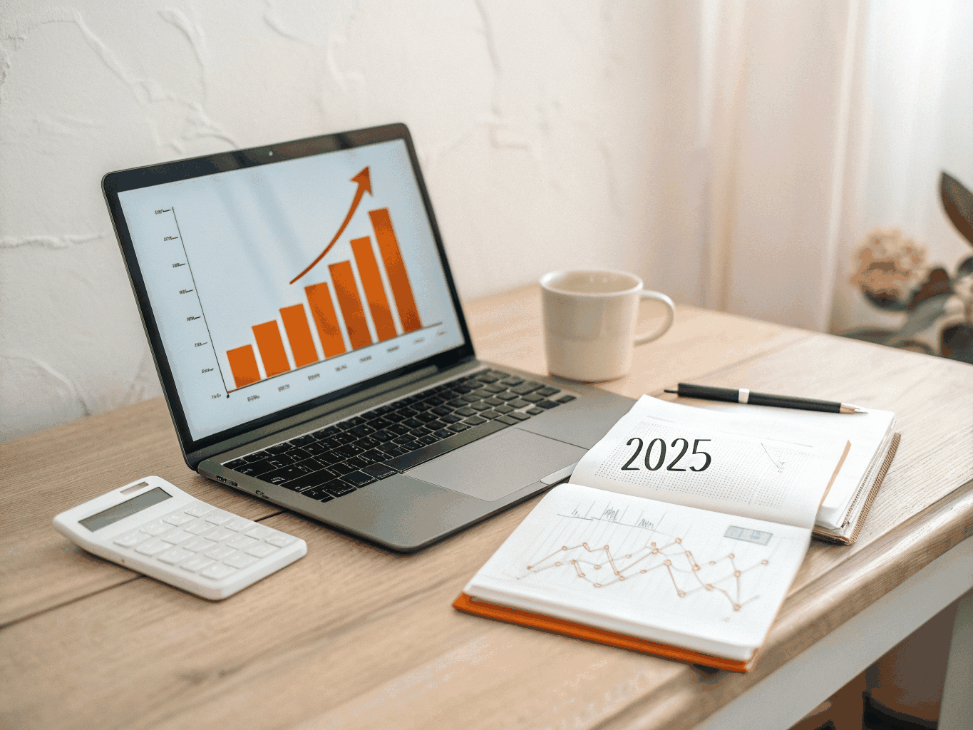 Digital growth chart overlaying a modern workspace