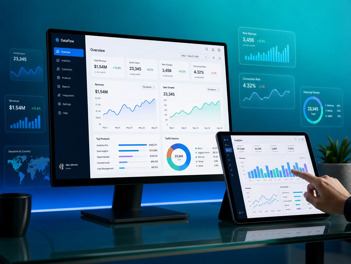 Hand holding a tablet displaying impact metrics