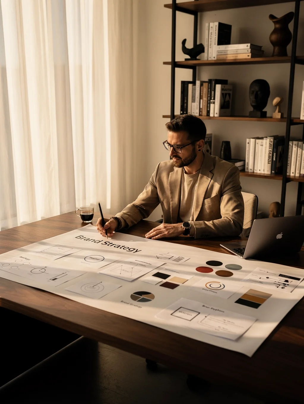 Marcus, creative director, sketching design concepts on a glass whiteboard